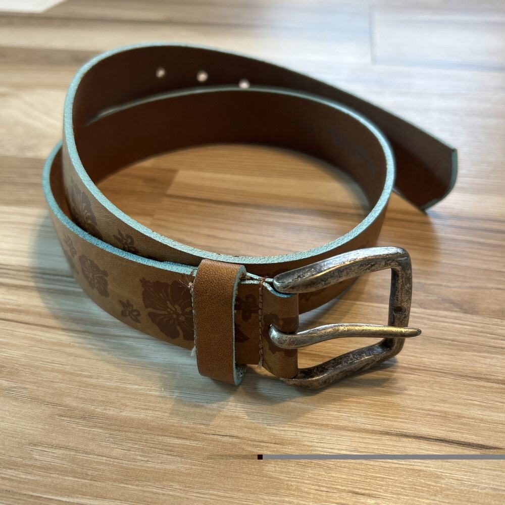 Brown Floral Embossed Italian Leather Belt Boho Coastal Earthy Resort Sz M